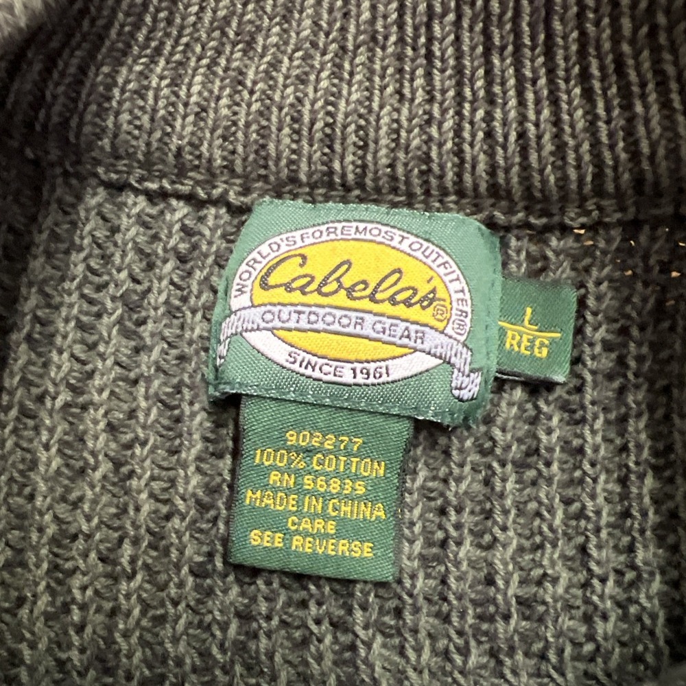 Cabela's Sweater Men's Large Green Chunky Knit Pullover Button Henley Neck - Picture 3 of 8